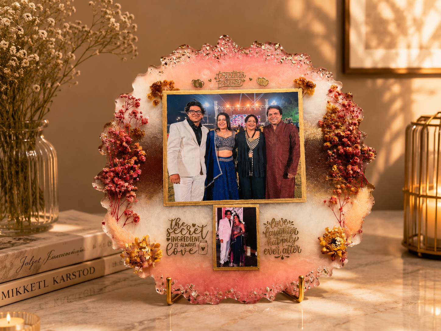 Pink Floral Family Resin Photo Frame, handmade by Shree Art Studio
