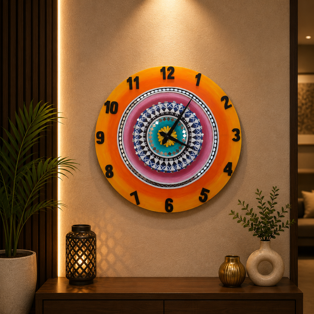 Warli Lippan Art Wall Clock, handmade by Shree Art Studio