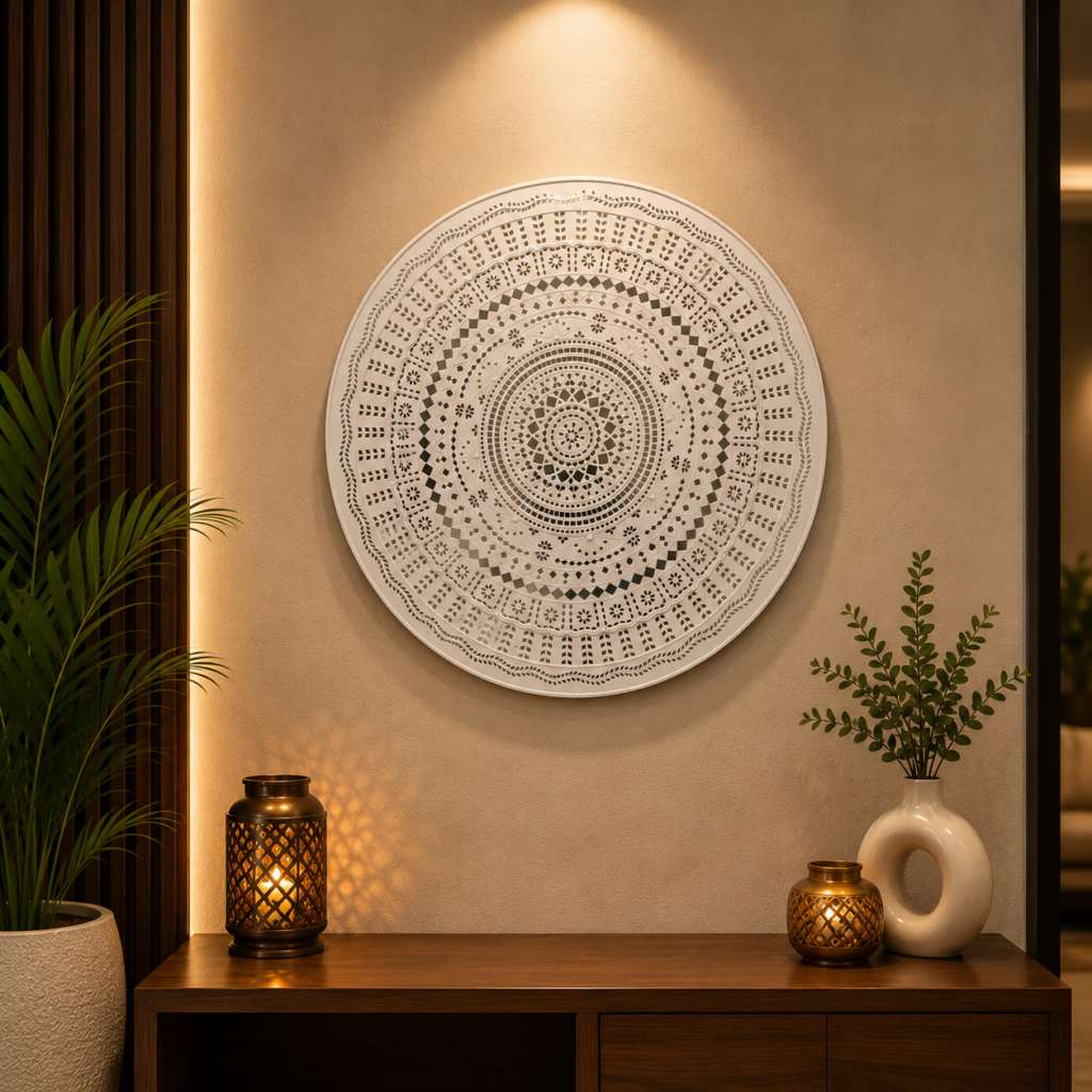White Round Lippan Art Home Decor, handmade by Shree Art Studio