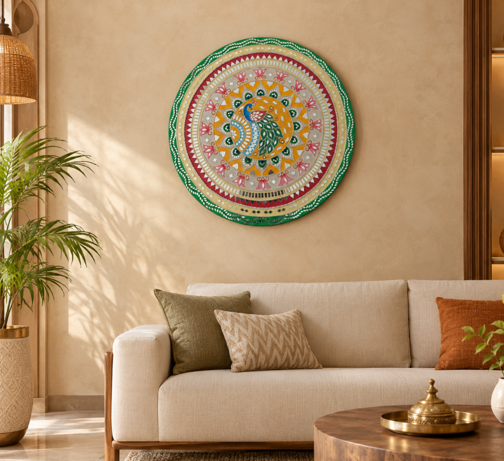 Peacock Round Lippan Art, handmade by Shree Art Studio