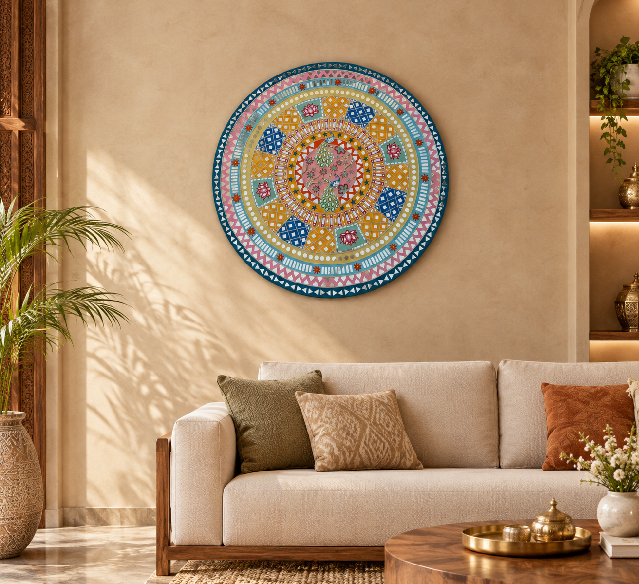 Blue Vibrant Color Round Lippan Art, handmade by Shree Art Studio