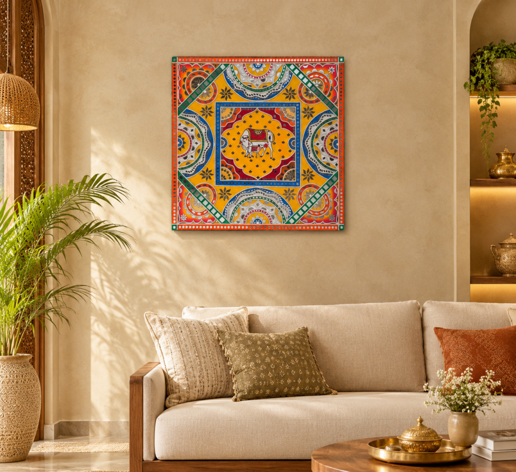 Square Cow Wall Lippan Art, handmade by Shree Art Studio
